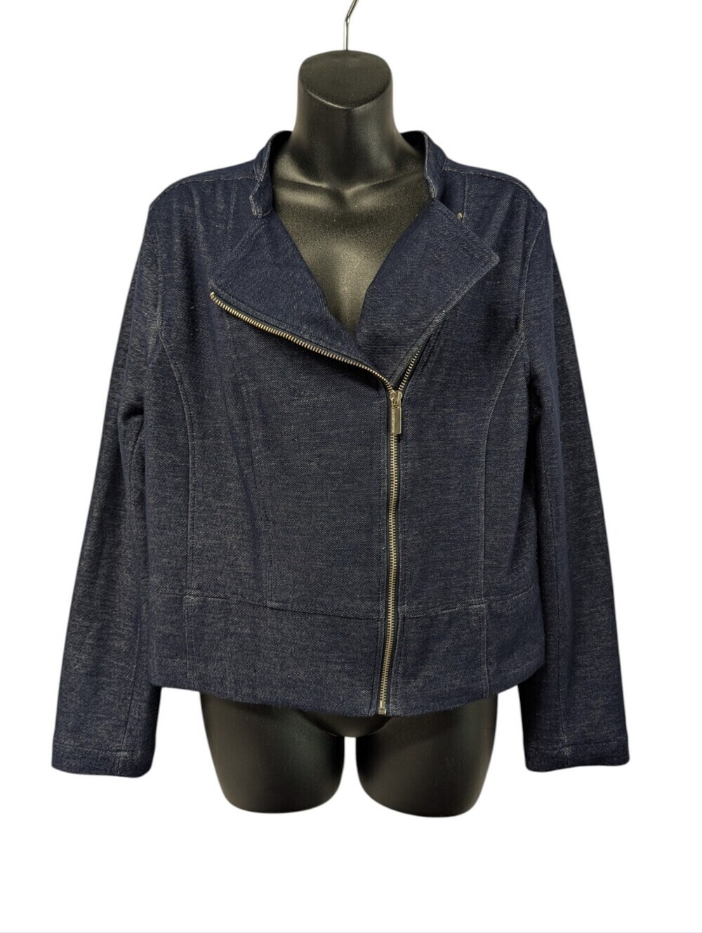 Liz Claiborne Blue Denim Look Zip Up Moto Jacket Peplum Hem Size Large